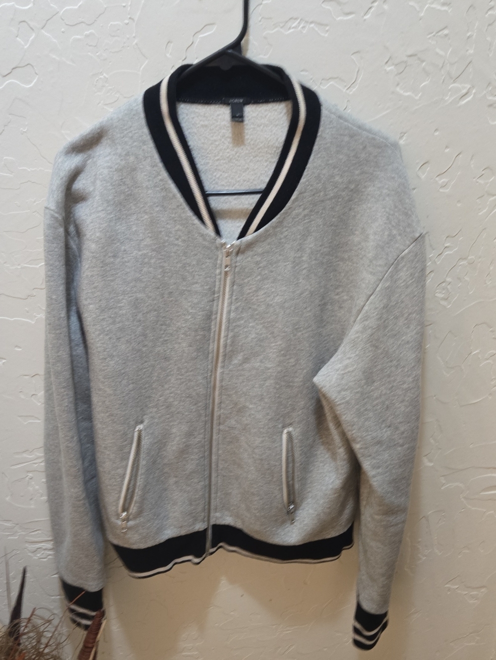 J. Crew Light Gray Zip-Up Bomber Sweater with Black Trim